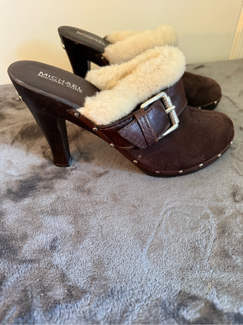Michael Kors Brown Suede Shearling-Trim Buckle Clog - Picture 2 of 13